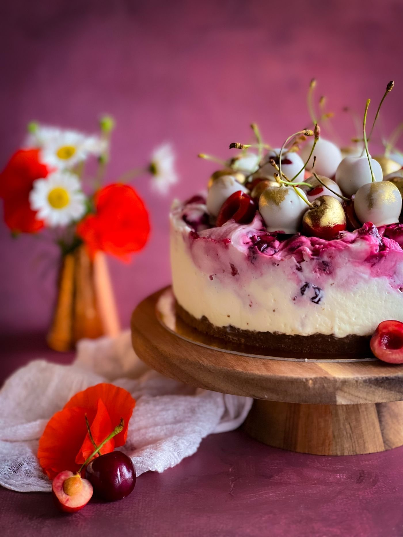 Cherry Swirl Cheesecake with Dipped Cherries