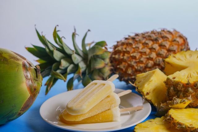 Pineapple coconut pops on a plate with pineapples and coconut on blue