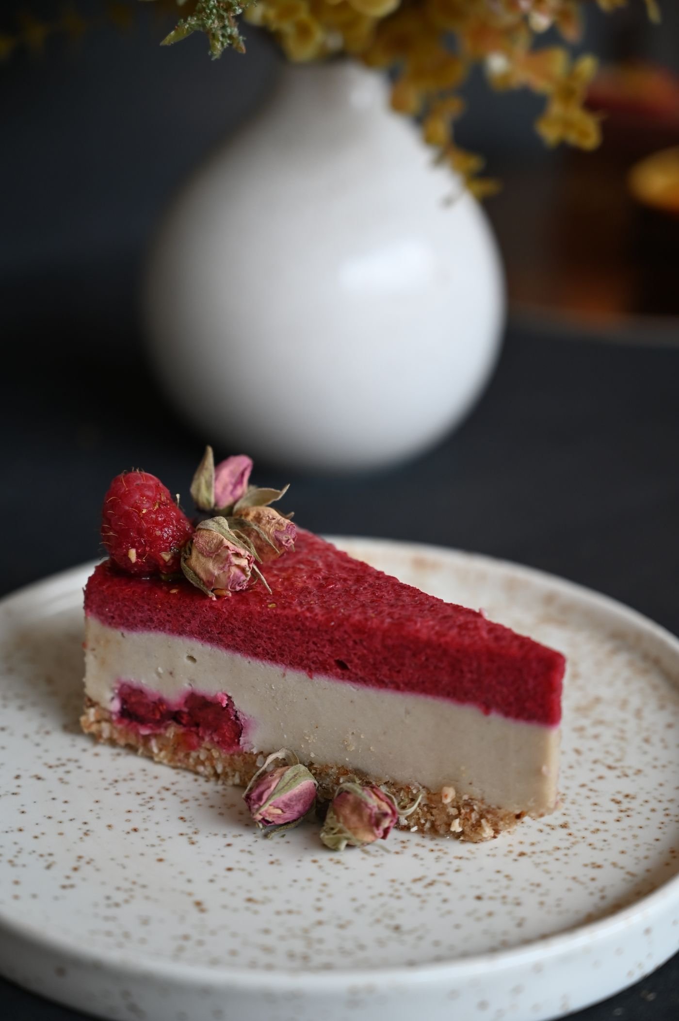 Layered Raspberry Macadamia Cheesecake