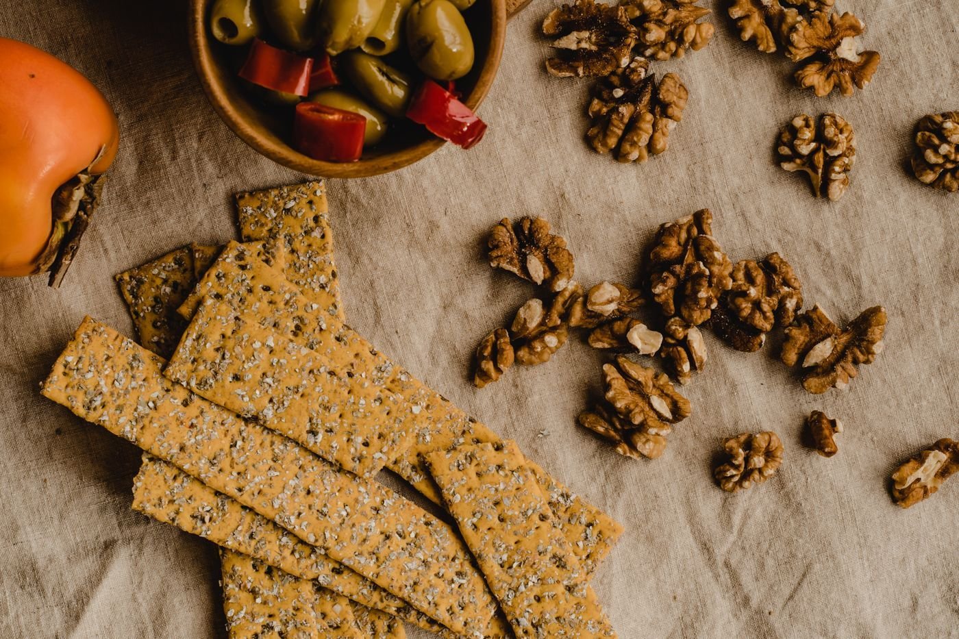 Seed Crispbread with Persimmon and Olives