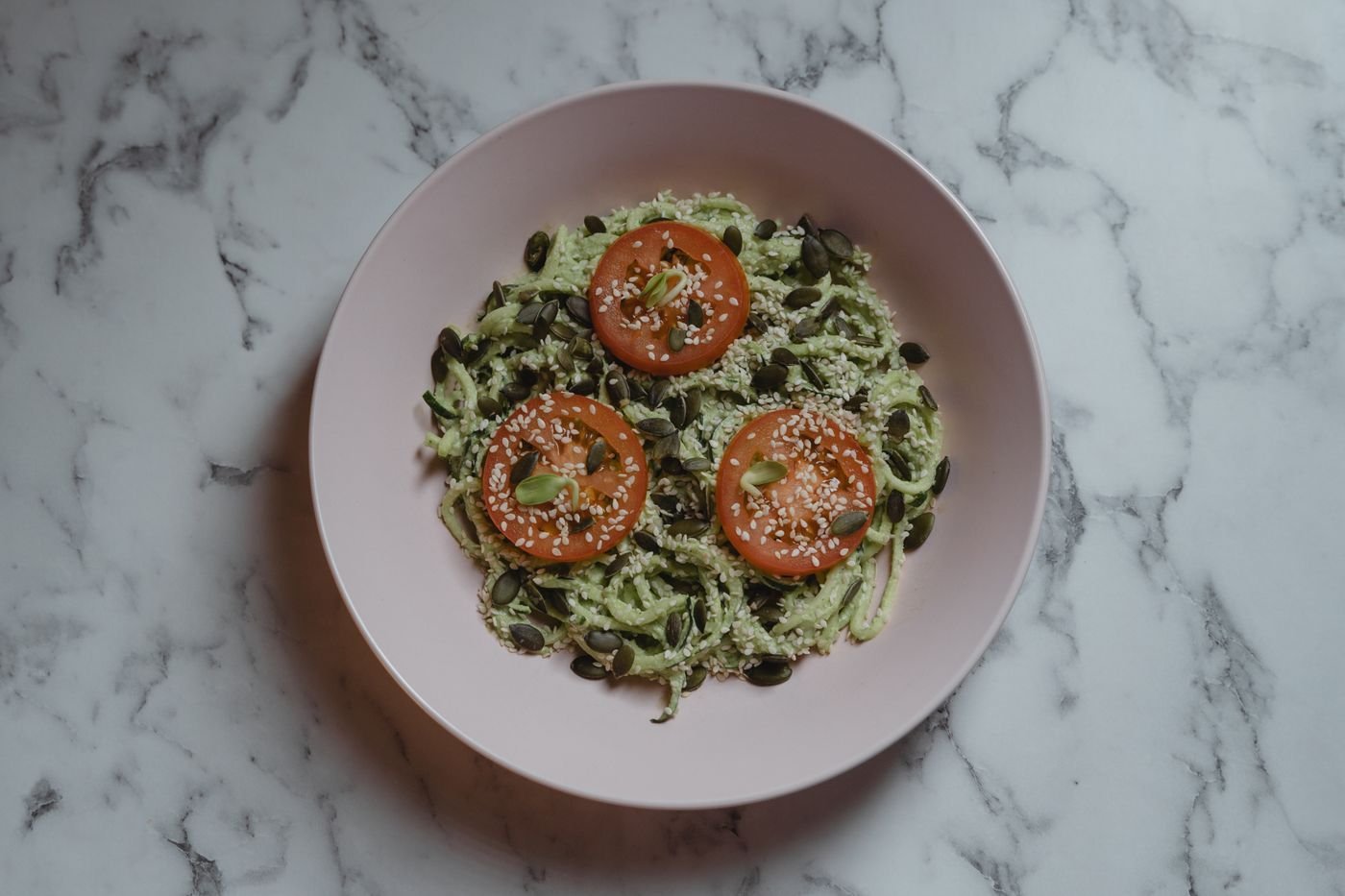 Pine Nut Pesto Zoodles with Heirloom Tomato